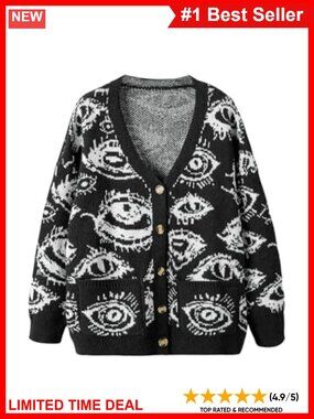 Plus Size Eye Print Goth Cardigan Grunge Punk Sweater